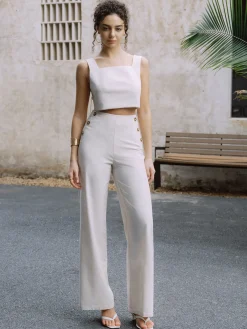 Sale Cotton & Linen Button Decor Tank Top With Straight Leg Pants Set Pants Sets|Tank Tops & Camis