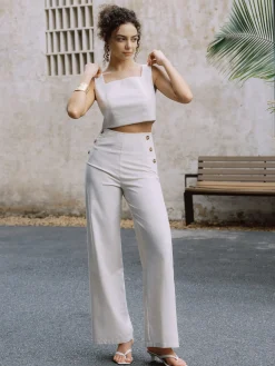 Sale Cotton & Linen Button Decor Tank Top With Straight Leg Pants Set Pants Sets|Tank Tops & Camis
