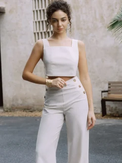 Sale Cotton & Linen Button Decor Tank Top With Straight Leg Pants Set Pants Sets|Tank Tops & Camis