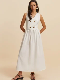 New Cotton & Linen Button Sleeveless Dress White Dresses|Vacation Dresses