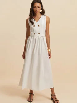 New Cotton & Linen Button Sleeveless Dress White Dresses|Vacation Dresses