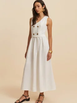 New Cotton & Linen Button Sleeveless Dress White Dresses|Vacation Dresses