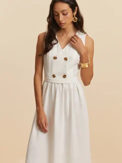 New Cotton & Linen Button Sleeveless Dress White Dresses|Vacation Dresses