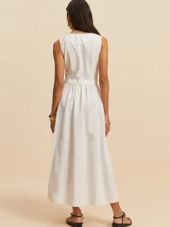 New Cotton & Linen Button Sleeveless Dress White Dresses|Vacation Dresses