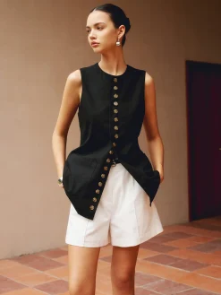 Online Cotton & Linen Button-Front Vest Outerwear|Vests