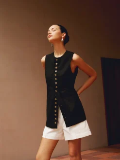 Online Cotton & Linen Button-Front Vest Outerwear|Vests