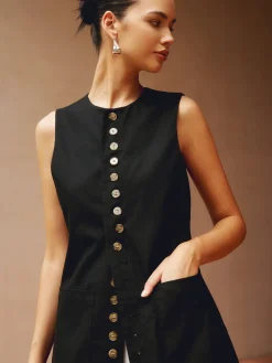 Online Cotton & Linen Button-Front Vest Outerwear|Vests