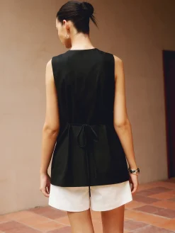 Online Cotton & Linen Button-Front Vest Outerwear|Vests
