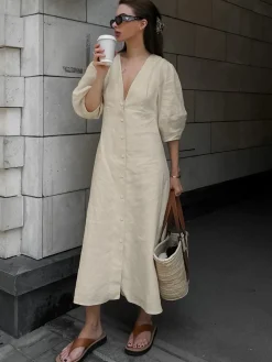 Online Cotton & Linen Button-Front Knotted Long Dress White Dresses|Casual Dresses