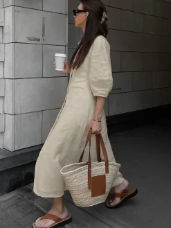 Online Cotton & Linen Button-Front Knotted Long Dress White Dresses|Casual Dresses