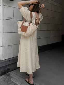 Online Cotton & Linen Button-Front Knotted Long Dress White Dresses|Casual Dresses