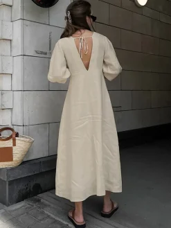 Online Cotton & Linen Button-Front Knotted Long Dress White Dresses|Casual Dresses