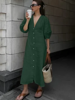 Online Cotton & Linen Button-Front Knotted Long Dress White Dresses|Casual Dresses