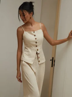 Sale Cotton & Linen Cami Top with Straight Leg Pants Set Pants Sets|Matching Sets