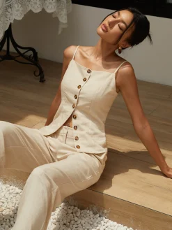 Sale Cotton & Linen Cami Top with Straight Leg Pants Set Pants Sets|Matching Sets
