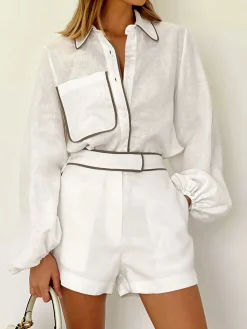 Cotton & Linen Contrast Trim Two Piece Shorts Set Shorts Sets|Long Sleeve Sets