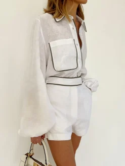 Cotton & Linen Contrast Trim Two Piece Shorts Set Shorts Sets|Long Sleeve Sets