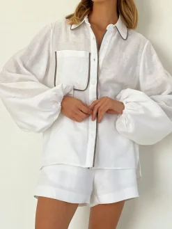 Cotton & Linen Contrast Trim Two Piece Shorts Set Shorts Sets|Long Sleeve Sets