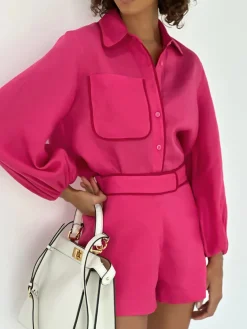 Cotton & Linen Contrast Trim Two Piece Shorts Set Shorts Sets|Long Sleeve Sets