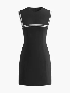 Discount Cotton & Linen Contrast Trim Short Dress Black Dresses|Casual Dresses