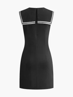 Discount Cotton & Linen Contrast Trim Short Dress Black Dresses|Casual Dresses