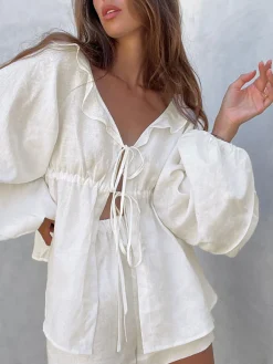 New Cotton & Linen Cowgirl Melody Two Piece Shorts Set Shorts Sets|Long Sleeve Sets