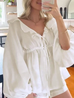Hot Cotton & Linen Cowgirl Melody Two Piece Shorts Set Shorts Sets|Long Sleeve Sets