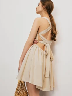 Online Cotton & Linen Crisscross Knotted Short Dress Casual Dresses|Vacation Dresses