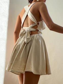 Online Cotton & Linen Crisscross Knotted Short Dress Casual Dresses|Vacation Dresses