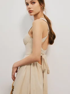 Online Cotton & Linen Crisscross Knotted Short Dress Casual Dresses|Vacation Dresses