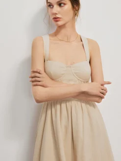 Online Cotton & Linen Crisscross Knotted Short Dress Casual Dresses|Vacation Dresses