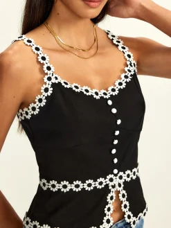 Best Cotton & Linen Daisy Trim Split Cami Top Tank Tops & Camis|Tops