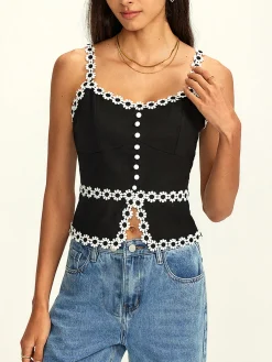 Best Cotton & Linen Daisy Trim Split Cami Top Tank Tops & Camis|Tops