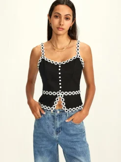 Best Cotton & Linen Daisy Trim Split Cami Top Tank Tops & Camis|Tops