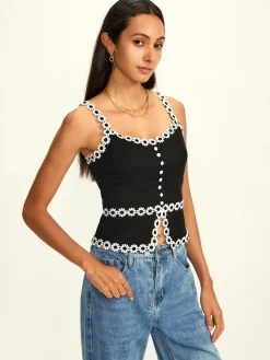 Best Cotton & Linen Daisy Trim Split Cami Top Tank Tops & Camis|Tops