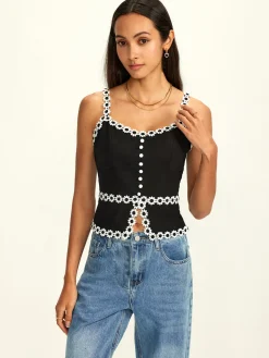 Best Cotton & Linen Daisy Trim Split Cami Top Tank Tops & Camis|Tops