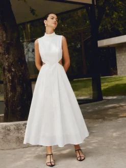 Sale Cotton & Linen Elegant Cutout Long Dress White Dresses|Casual Dresses