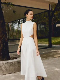 Sale Cotton & Linen Elegant Cutout Long Dress White Dresses|Casual Dresses