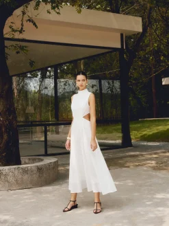 Sale Cotton & Linen Elegant Cutout Long Dress White Dresses|Casual Dresses