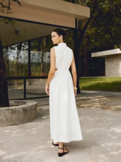 Sale Cotton & Linen Elegant Cutout Long Dress White Dresses|Casual Dresses