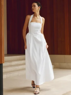 Sale Cotton & Linen Halter A Line Long Dress White Dresses|Black Dresses