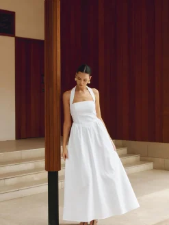 Sale Cotton & Linen Halter A Line Long Dress White Dresses|Black Dresses