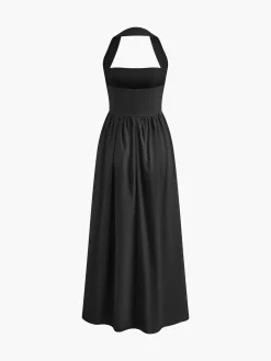 Sale Cotton & Linen Halter A Line Long Dress White Dresses|Black Dresses