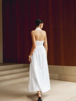 Sale Cotton & Linen Halter A Line Long Dress White Dresses|Black Dresses