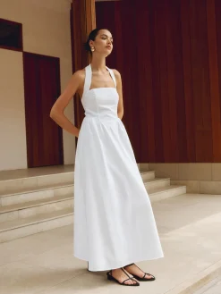 Sale Cotton & Linen Halter A Line Long Dress White Dresses|Black Dresses
