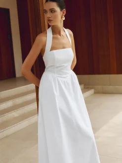 Sale Cotton & Linen Halter A Line Long Dress White Dresses|Black Dresses