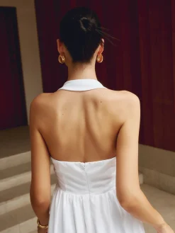 Sale Cotton & Linen Halter A Line Long Dress White Dresses|Black Dresses