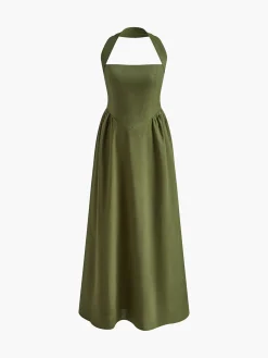 Sale Cotton & Linen Halter A Line Long Dress White Dresses|Black Dresses