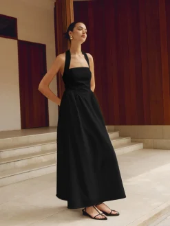 Sale Cotton & Linen Halter A Line Long Dress White Dresses|Black Dresses