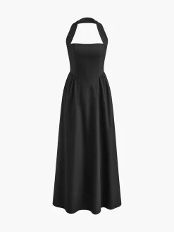 Sale Cotton & Linen Halter A Line Long Dress White Dresses|Black Dresses